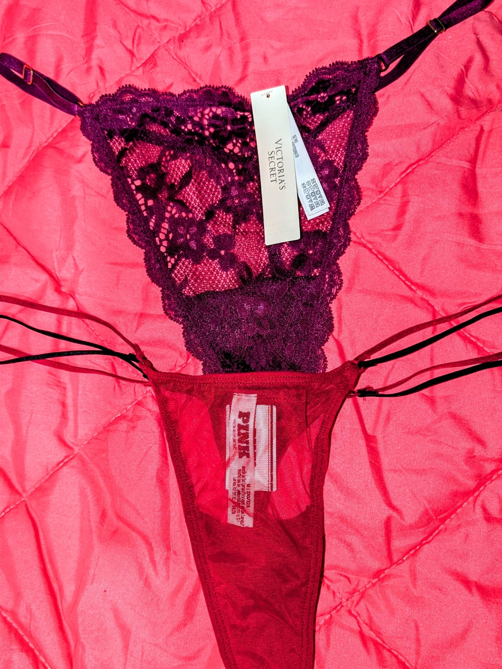 Victoria's Secret PINK Lace & Mesh Thong Set - Burgundy and Plum